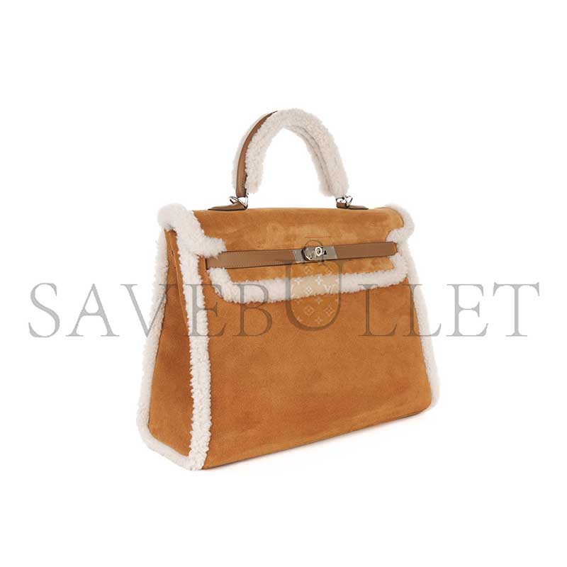 HERMÈS KELLY 35 TEDDY PLUSH SWIFT CHAMOIS  ALEZAN PALLADIUM HARDWARE (35*25*12cm)
